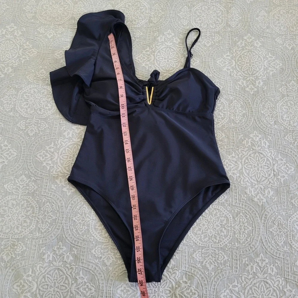 Sporlike Black One‎ Shoulder Ruffle One Piece Swimsuit Gold V Detail Size L
